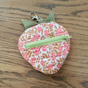 Quilted Strawberry Zipper Coin Purse Key Chain, Heather Ross Fabric, Forestburgh Blush Apples