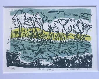 Hand printed linocut (with matte) of a duck pond