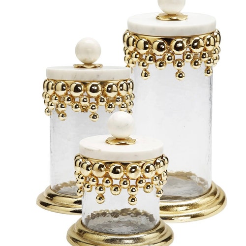 Hammered Glass Canisters With Gold Design and Marble Lid Etsy