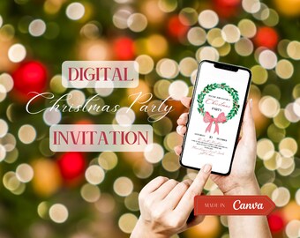 May include: Digital Christmas party invitation on a smartphone screen. The invitation features a green wreath with red berries and a pink bow. The text on the invitation reads "Merry & Bright Christmas Party".