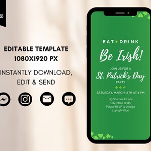 Eat Drink Be Irish Party Invitation, Irish Shindig, St. Patrick&#39;s Day Invite, Shamrocks, Green, Editable Digital Template, Evite