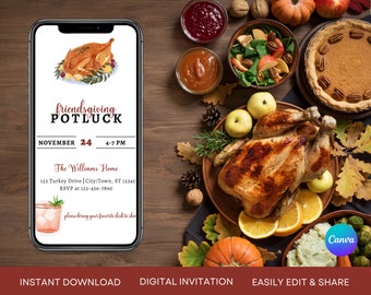 Friendsgiving Potluck Thanksgiving Invitation, Thanksgiving Dinner Invite, Friendsgiving Party, Autumn Evite Template, Digital, Editable