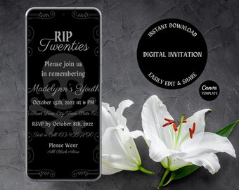 RIP Twenties Birthday Party Invitation, Funeral Birthday, Gothic, RIP 30s, 40s, 50s, RIP to My Youth, Editable Template, Digital Download