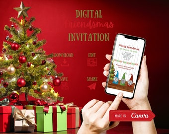May include: A digital invitation for a Friendsmas party with a festive gnome theme. The invitation is displayed on a smartphone with a red background and a Christmas tree with presents in the foreground. The text on the invitation reads "Merry Friendsmas! (and cold with your gnomes)".