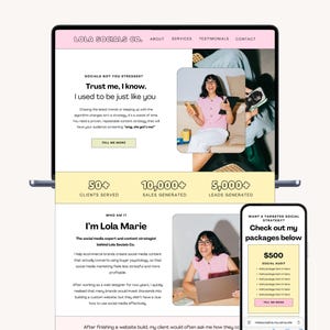 May include: A laptop and smartphone display a website for Lola Socials Co. The website features text, images, and a pink and white colour scheme. The site promotes social media content strategy and offers packages for social media audits.