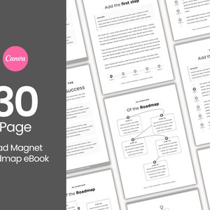 Peut inclure: Un eBook de 30 pages, Lead Magnet Roadmap, conçu avec Canva. La couverture présente un cercle rose avec le logo Canva et le texte "30 Page Lead Magnet Roadmap eBook". Les pages intérieures montrent un aperçu de la feuille de route.