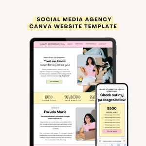Può includere: Un mockup digitale di un modello di sito Web Canva per un'agenzia di social media. Il modello viene visualizzato su un tablet e uno smartphone, mostrando il design e il contenuto del sito Web. Il testo include "Social Media Agency Canva Website Template."