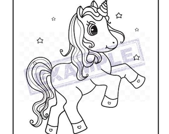 May include: A black and white line drawing of a unicorn with a horn, a long mane, and a tail. The unicorn is standing on its hind legs with its front legs raised. There are stars in the background.