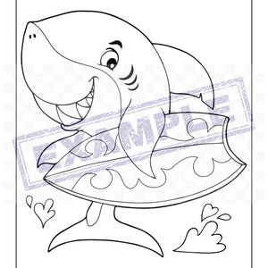 Cute SHARK Coloring Pages - PDF - 40 Pages, full 8x11 sized. Adorable, not scary sharks great for kids of all ages