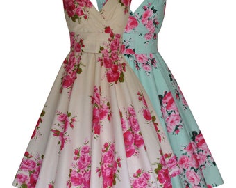 Damen 40er 50er Vintage Floral Rose Print Baumwolle Full Circle Kleid