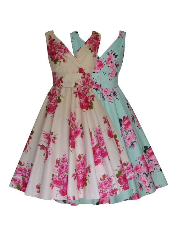 Womens 40&#39;s 50&#39;s Vintage Floral Rose Print Cotton Full Circle Dress