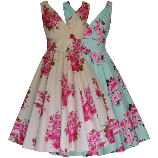 Womens 40's 50's Vintage Floral Rose Print Cotton Full Circle Dress
