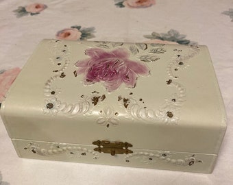 Antique Celluloid jewelry box, Victorian era dresser or vanity box. in fairly good shape, flower on top