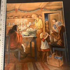 May include: A vintage Christmas card with a festive scene of a family gathered around a table. The card features a warm, inviting atmosphere with a fireplace, candles, and a Christmas tree. The text "Julhälsning" is prominently displayed on the card, which is a Swedish greeting meaning "Christmas Greetings".