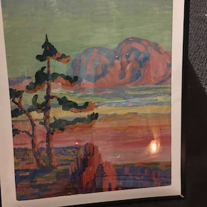 May include: A painting of a landscape with a single pine tree in the foreground. The background features a large, pink cloud and a multi-colored horizon.