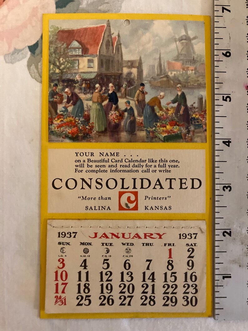 1937 Calendar From Consolidated Printing in Salina Kansas. Complete and ...