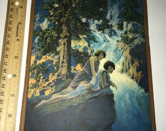 original Maxfield Parrish print &quot;The Waterfall&quot; 1931 Edison Mazda Calendar. framed, w Poem &quot;thinking&quot; Walter D. Wintle, House of Art NY 1923
