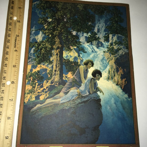 original Maxfield Parrish print "The Waterfall" 1931 Edison Mazda Calendar. framed, w Poem "thinking" Walter D. Wintle, House of Art NY 1923