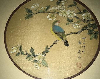 signed vintage Chinese/Asian silk painting, screen print Birds and Flowers, gold Faux Bamboo frame imported 1970s with tag very nice