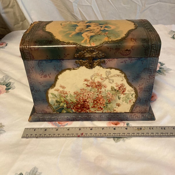 Victorian era celluloid make up box with Cherubs, top and sides of box open, cool antique make up and toiletries case, 12x7x8 inches