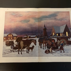 May include: A painting depicting a snowy winter scene with a church in the background.  Two horse-drawn sleighs are in the foreground, with people in traditional clothing.  The sky is a soft pink and purple, and the snow is white.  The text "Jullotta i Roslagen.  Teckn. for Julnumret av Johan Tegnér." is at the bottom of the painting.