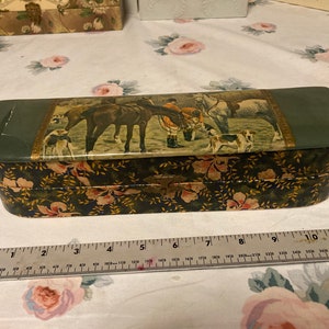 antique Victorian celluloid necktie or glove box with hunting scene. very nice celluloid dresser or vanity box from the 1800&#39;s
