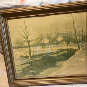 Ernest Albert (1857-1946) Antique Landscape Watercolor Print &quot;The Golden Glow&quot; large 31&quot;x27&quot; vintage art print winter scene with river trees