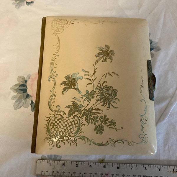 Victorian Era celluloid photo/wedding album wonderful antique/vintage album from the late 1800s covers in good shape, pages ok, clasp broke