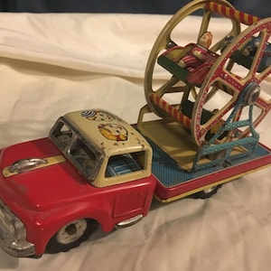 Rare working 1956 TN NOMURA Tin Litho Toy Space CIRCUS Truck Ferris Wheel Friction Drive