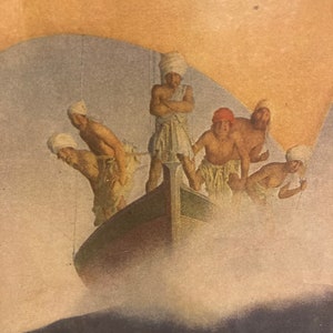 May include: A painting of five people in a boat. The people are wearing white head coverings and are looking out at the viewer. The boat is brown and has a green stripe. The background is a light blue and orange.
