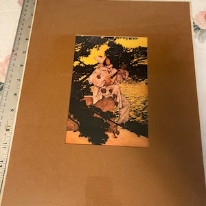 1970&#39;s postcard Pierrot&#39;s Serenade, Vintage Print by MAXFIELD PARRISH Clown by the lake Orange Maxfield Parrish print Green Tiger press