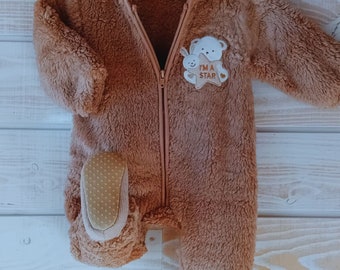 Pyjama en peluche beige brodé Star, surpyjama doux et chaussons mignons d'hiver, dors bien lapin ours, nouveau cadeau pour bébé garçon, ours