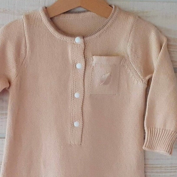 Tenue biologique Bébé 6-9 mois de saison, en maille coton, brodée feuille, en tricot couleur beige, grenouillère, pyjama, Cadeau nouveau-né