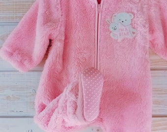 Pyjama en peluche rose brodé Star, surpyjama doux et chaussons mignons chauds d'hiver, dors bien Lapin Ours, nouveau cadeau pour bébé fille