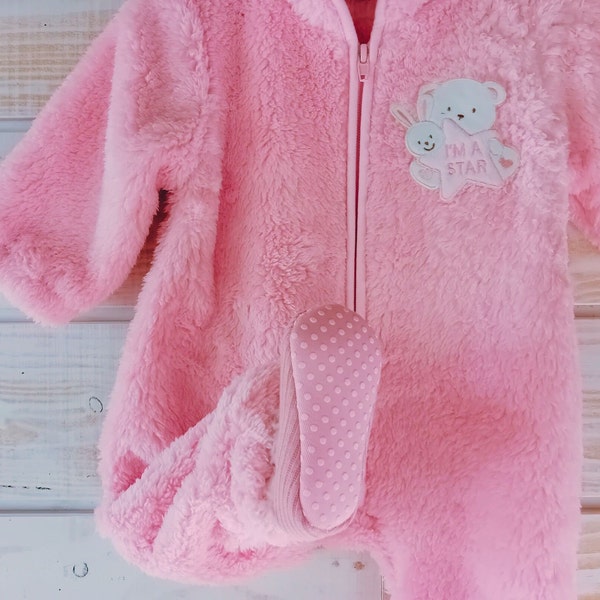 Pyjama en peluche rose brodé Star, surpyjama doux et chaussons mignons chauds d'hiver, dors bien Lapin Ours, nouveau cadeau pour bébé fille