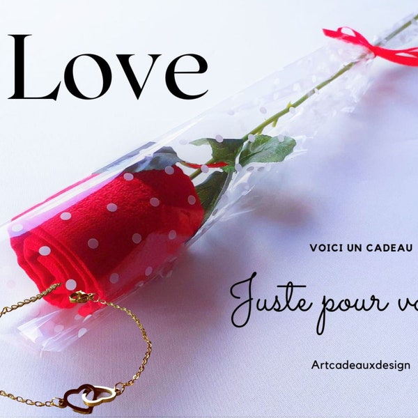 Cadeaux pour femme rose magique, surprise serviette rouge, bracelet avec coeur. Evènement spécial, rose pour elle. Idéal pour fête de Maman