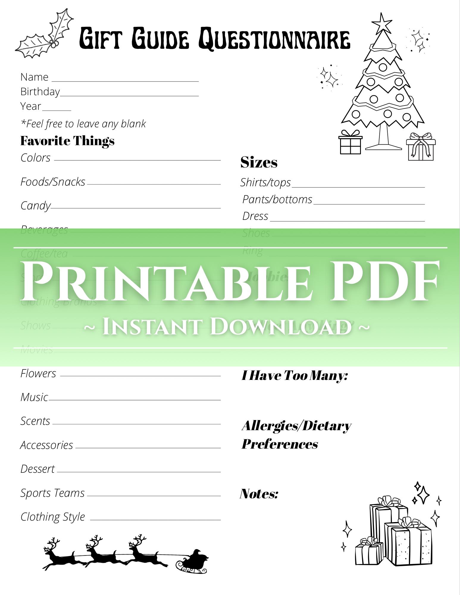Christmas Gift Questionnaire | Printable PDF - Etsy