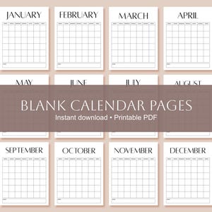 May include: A set of twelve blank calendar pages, each labeled with a month from January to December. The pages are white with a grid layout and a space for notes. The text "BLANK CALENDAR PAGES" is displayed across the center.
