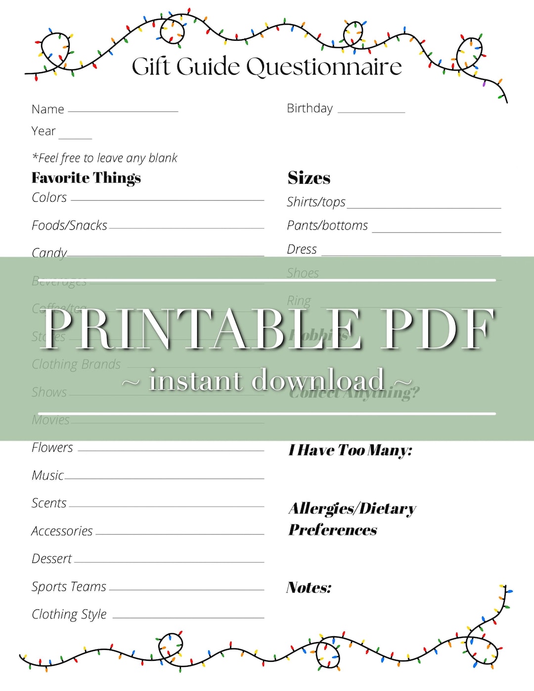 Spring Gift Questionnaire Christmas Gift Questionnaire | Printable PDF - Etsy