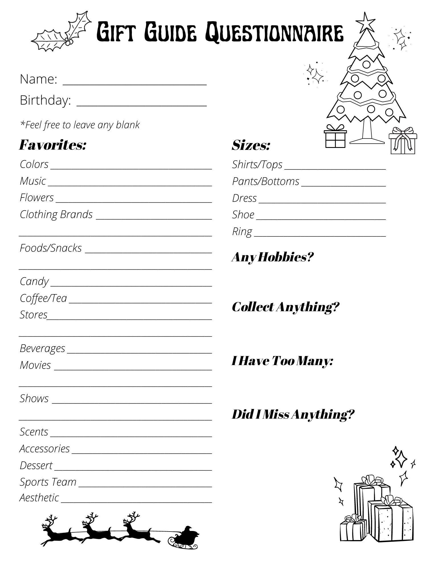 Christmas Gift Questionnaire Etsy