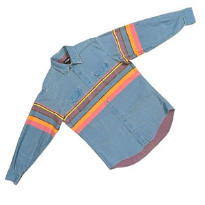Wrangler Brushpopper Vintage Shirt Desert Blue Button Up Shirt Faded 90s Vtg Striped 17 x 35 XL Preshrunk Regular Fit Cowboy Shirt XLarge