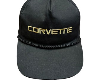 Vintage Corvette Rope Snapback Chevy Racing Hat Logo Black 80s Cap Black Gold