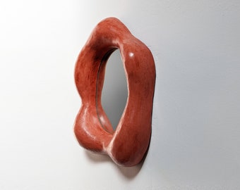 Organic shaped mirror in Moroccan Tadelakt plaster  - terra cotta - irregular -  contemporary - oval - curvy