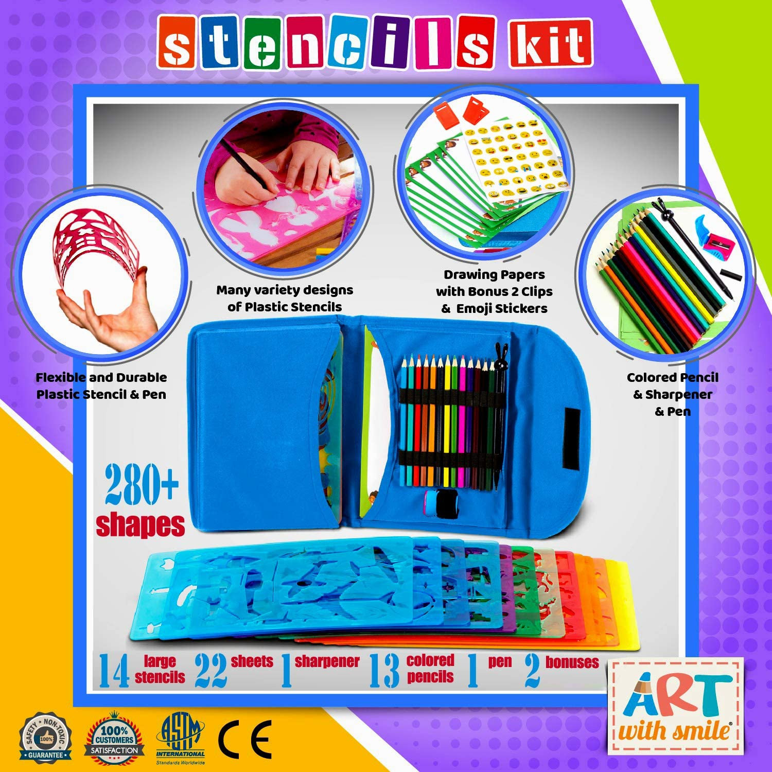 Stencil Drawing Kit for Kids W/ Carry Case - 55 Pcs. W/ 280 Stencil ...