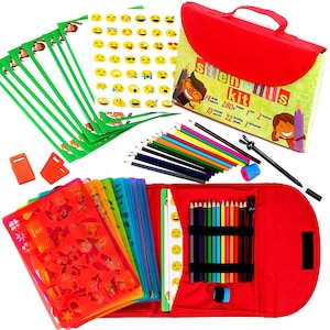 Drawing Stencils for Kids Kit & Carry Case – Child-Safe with 55 Pieces, Stencil Set with 280+ Shapes, Colored Pencils, Paper, Etc.