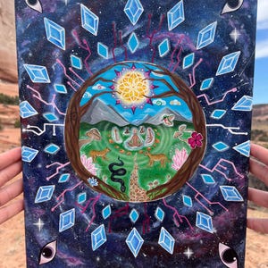 Peut inclure: Une peinture sur toile rectangulaire présentant une scène circulaire centrale avec une silhouette en méditation, des montagnes, des guépards et un serpent. Le fond spatial est bleu foncé avec des losanges bleu clair et quatre yeux.