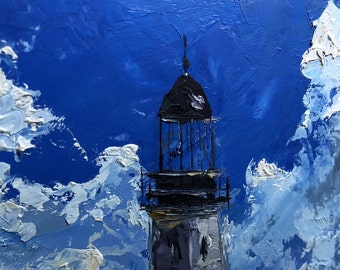 Original Seascape Oil Painting Lighthouse Ocean Blue Art Handmade Sea Artwork Beacon Oil Painting For Wall Art Decor Grey And Blue Art