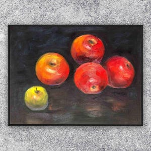 Peinture à l'huile originale de fruits frais nature morte | Peinture à l'huile petite pomme | Décoration murale pomme rouge et jaune pour cuisine | Décoration de salle à manger
