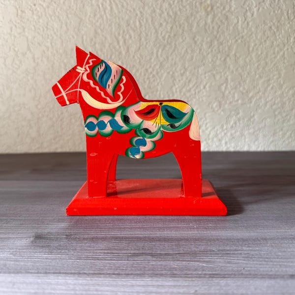 Vintage dala horse napkin holder, vintage dala horse, nils olsson, swedish dala horse,  red painted horse figurine, dalecarlian horse sweden