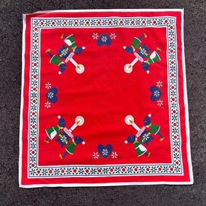 Vintage Traditional 70s Swedish Christmas festive red tablecloth, Scandinavian Christmas, Square Tablecloth Jul Tomtar Candles Blue Hearts